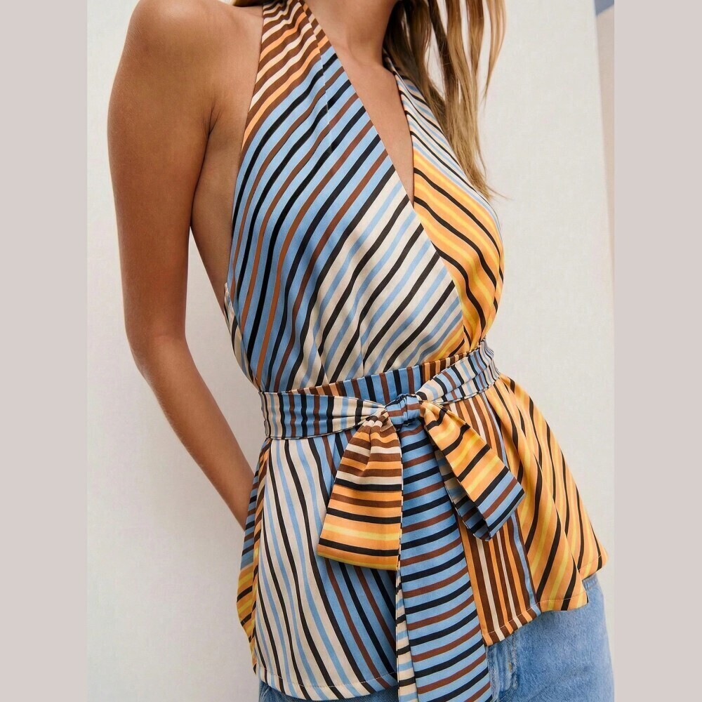 Yellow & Blue Striped Halter Top with Waist Tie